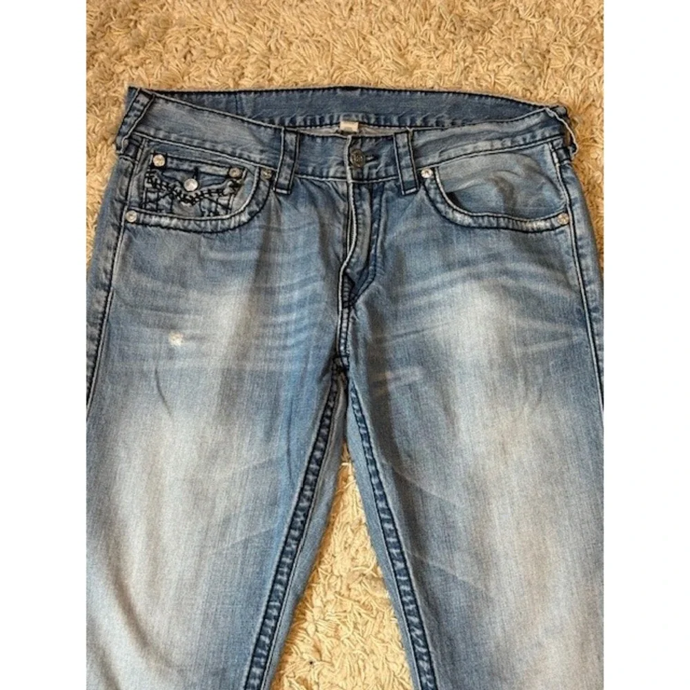 True Religion World Tour Straight Jeans 34 Made in USA‎ Light Wash Flap Y2K VTG